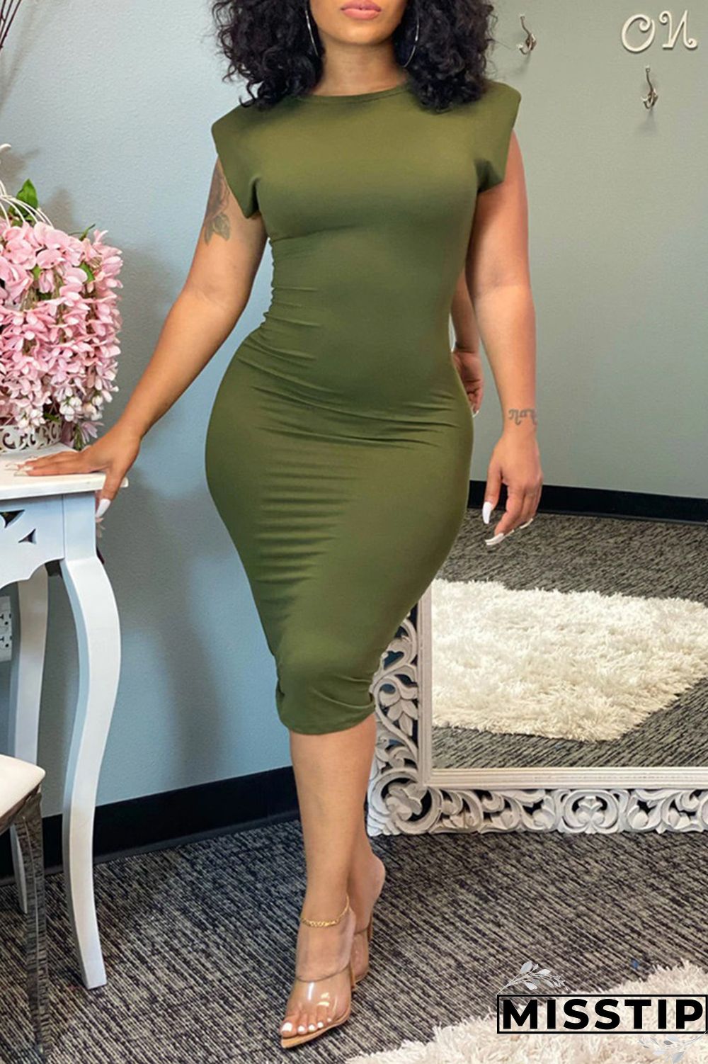 Green Fashion Casual Solid Basic O Neck Sleeveless Dress