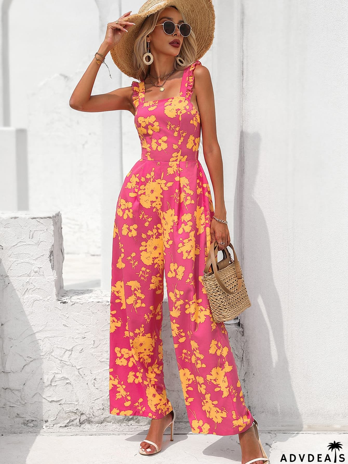 Floral Square Neck Cutout Tie Back Jumpsuit