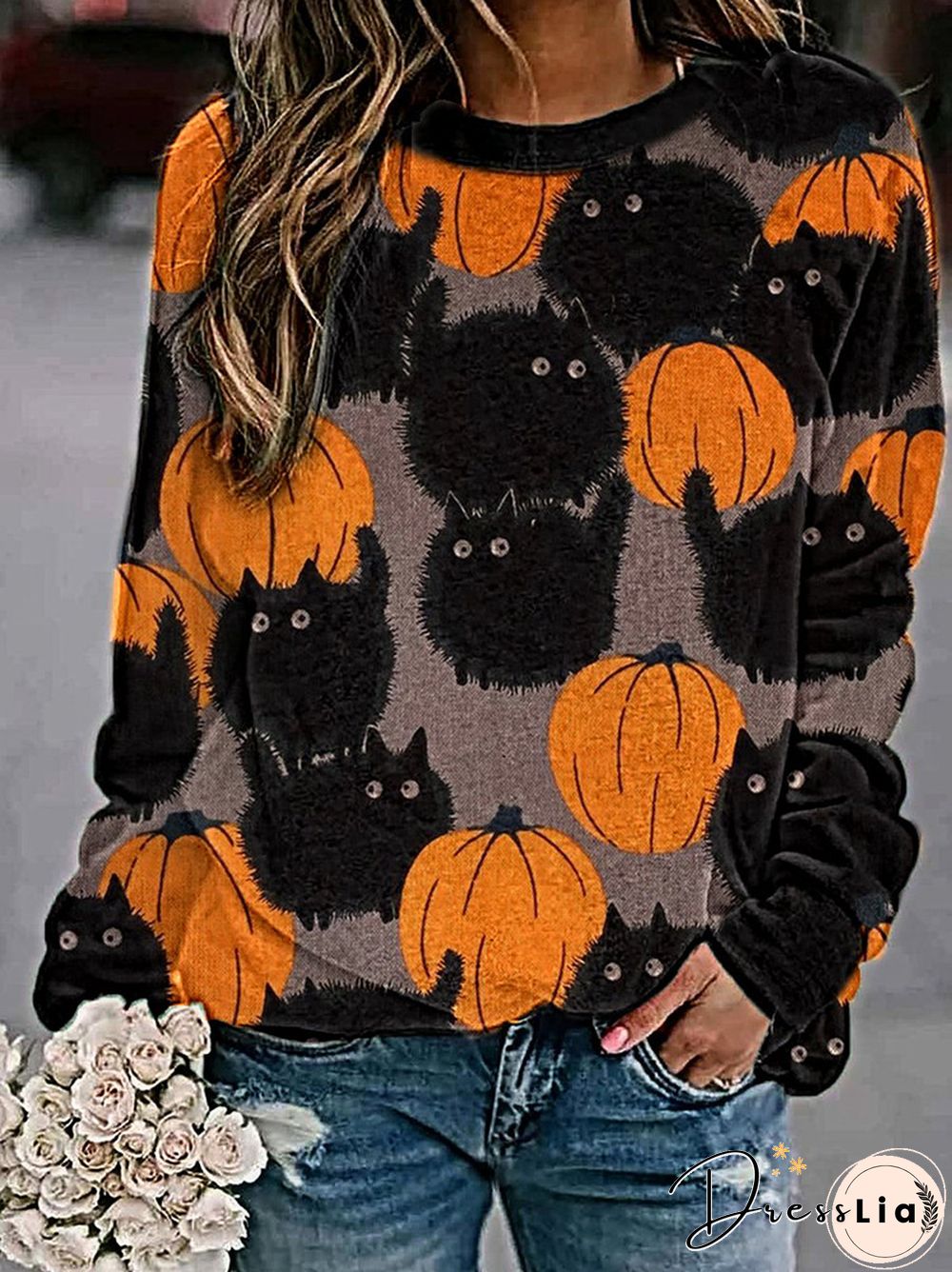 Winter Printed Round Neck Long Sleeve Outwear Pullover