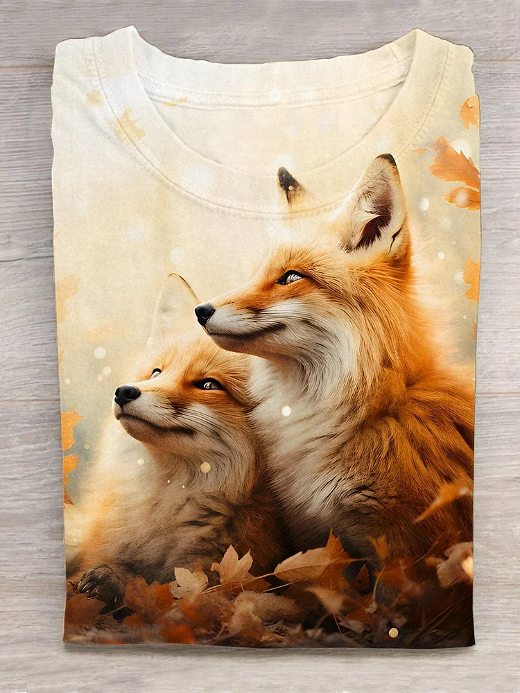 Autumn Winter Foxes Art Print Casual T-Shirt