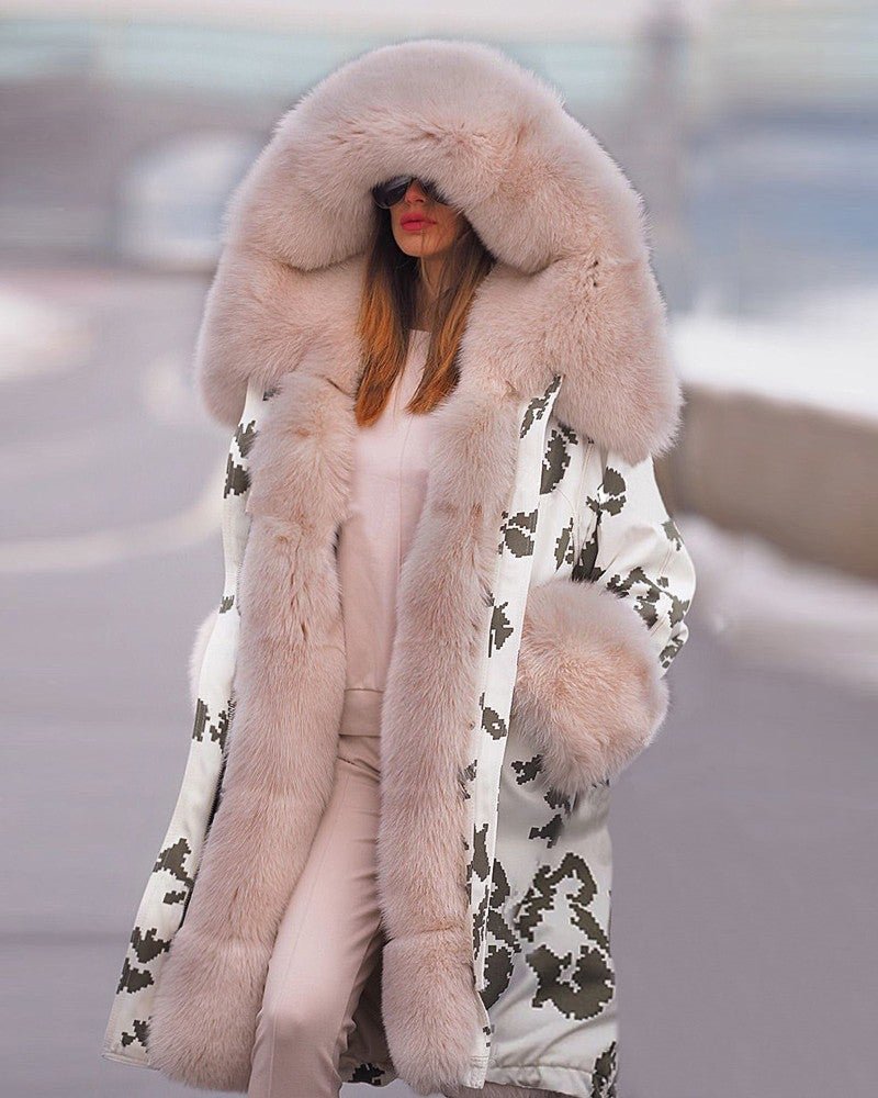 Faux Fur Patch Drawstring Long Sleeve Hooded Parka Coat | EGEMISS