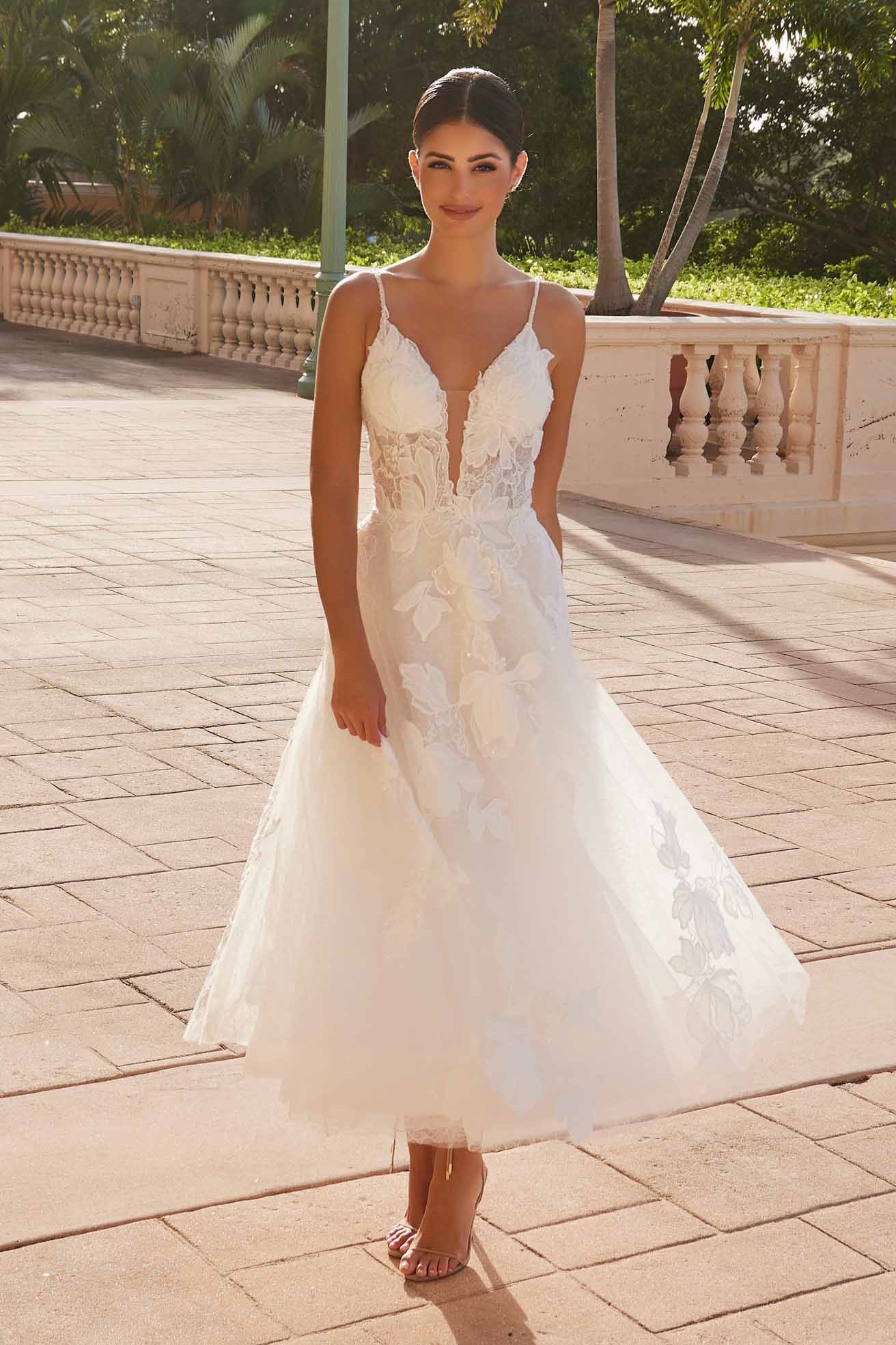 Ovlias Romantic White Spaghetti Strap Applique Layered Evening Dress LY0711