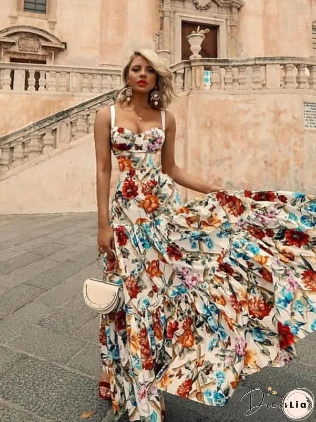 Women's Swing Dress Maxi long Dress Sleeveless Floral Print Fall Elegant Casual Rainbow S M L XL