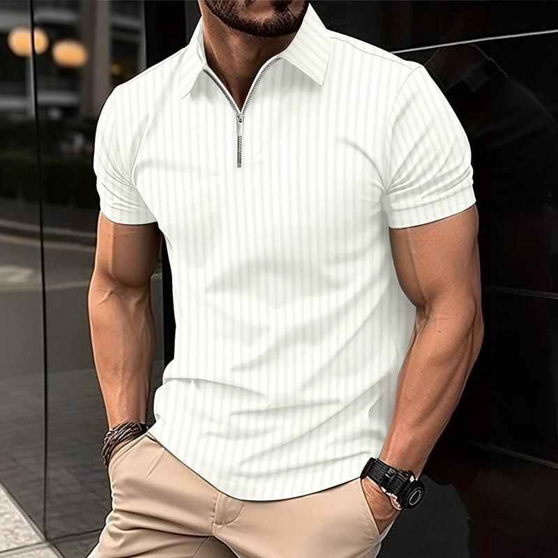 Men's Solid Striped Lapel Short Sleeve Polo Shirt 90409237Z
