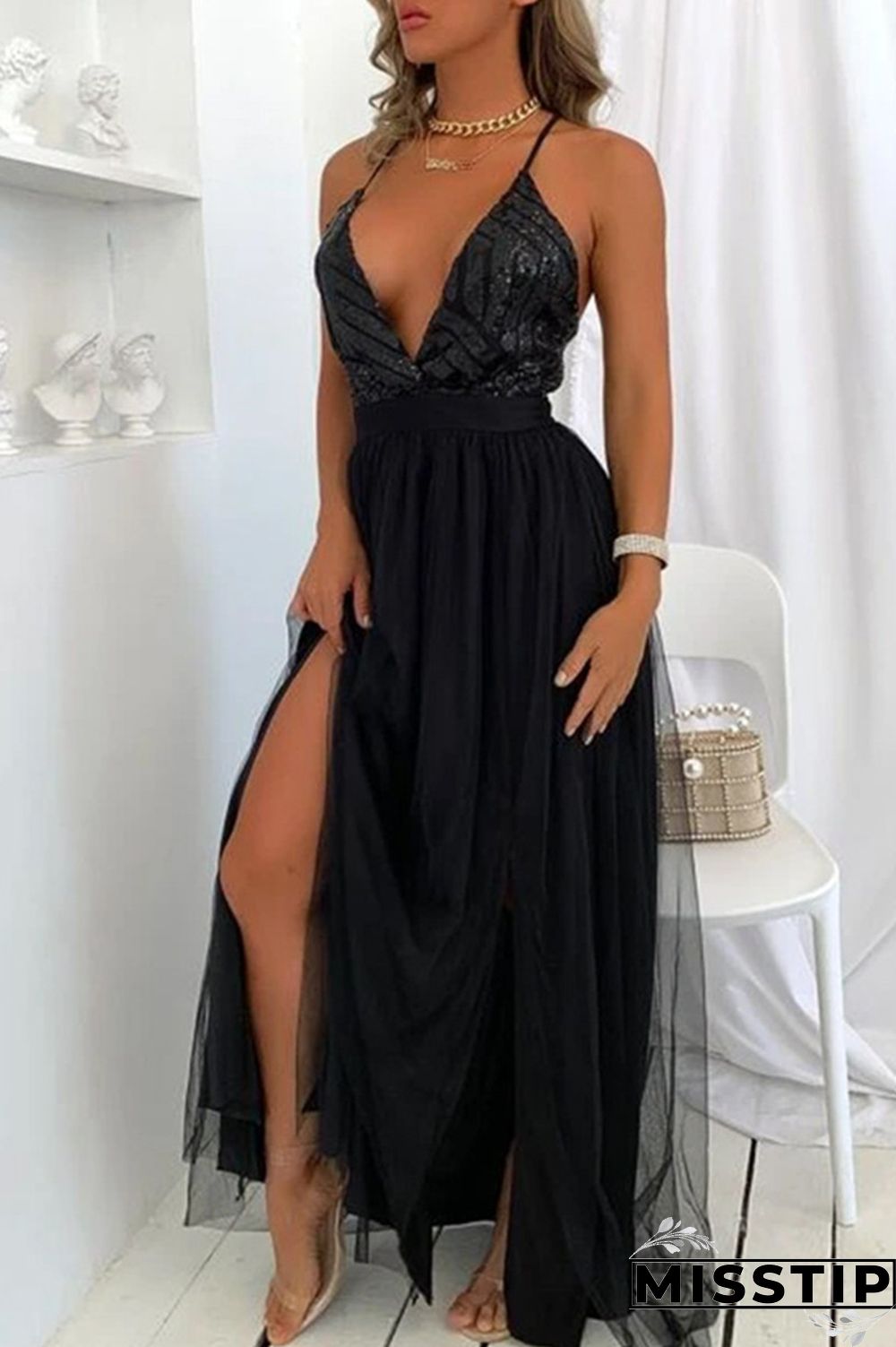 Burgundy Sexy Patchwork Sequins Backless Spaghetti Strap Long Dress