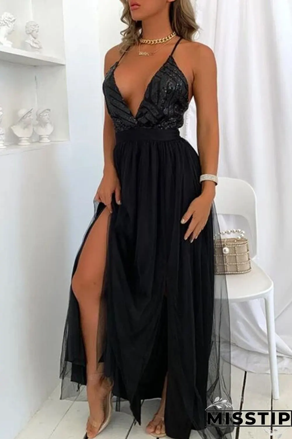 Burgundy Sexy Patchwork Sequins Backless Spaghetti Strap Long Dress