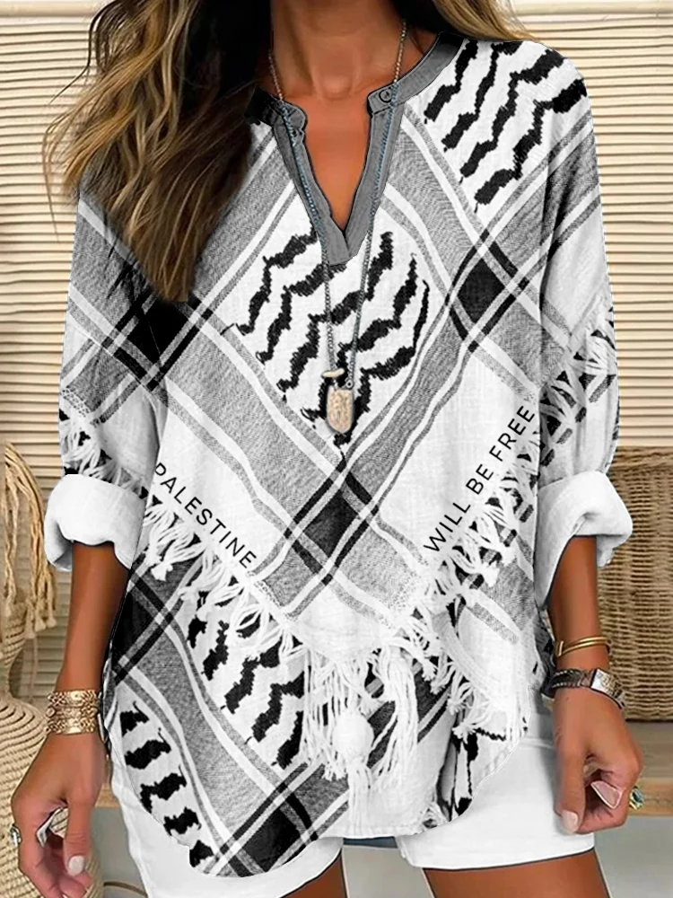 Palestine Will Be Free Kufiya Inspired Linen Blend Shirt