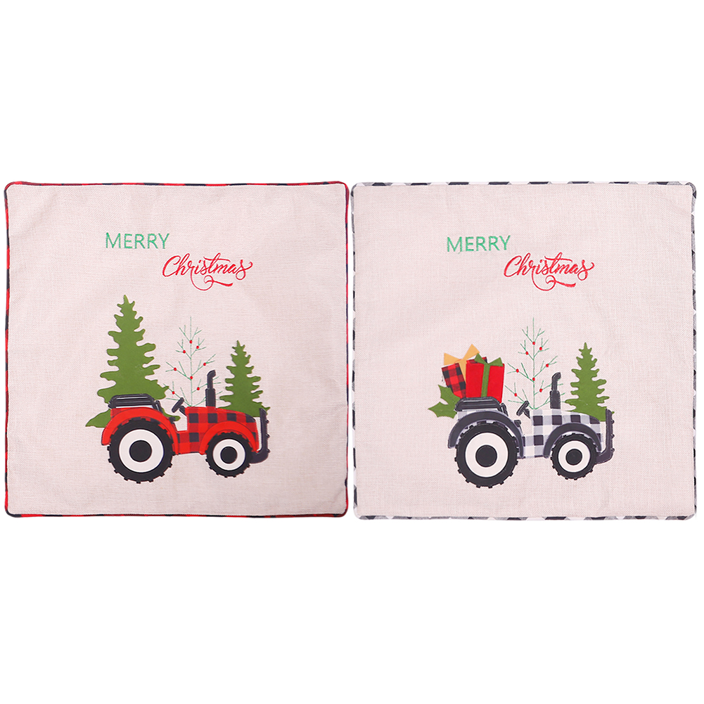 

Linen Plaid Cartoon Tractor Printed Christmas Cushion Cover Pillow Case, Black and red, 501 Original