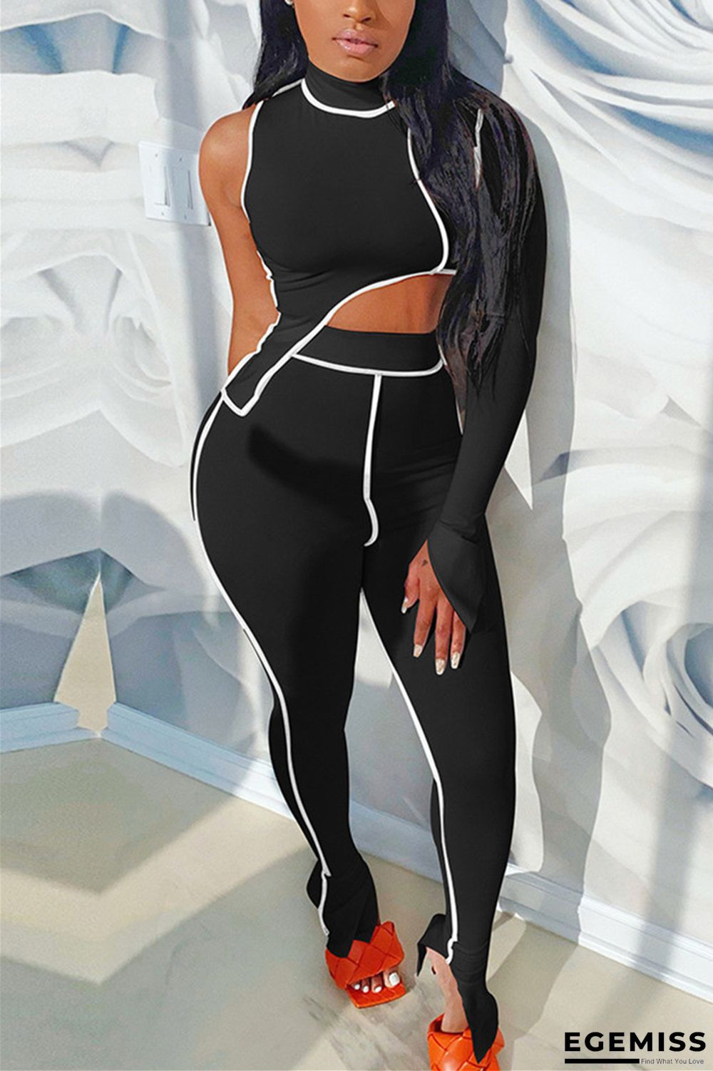 Black Fashion Sexy Adult Solid Patchwork Turtleneck Long Sleeve One Shoulder Regular Two Pieces | EGEMISS