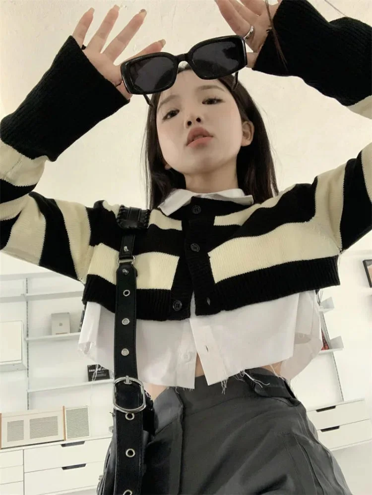 Tlbang Autumn Two Pieces Set Vintage Striped Thin Cardigan Sweater + Turn-down Collar Shirt Korean Fashion Y2k Sexy Girls Outfits