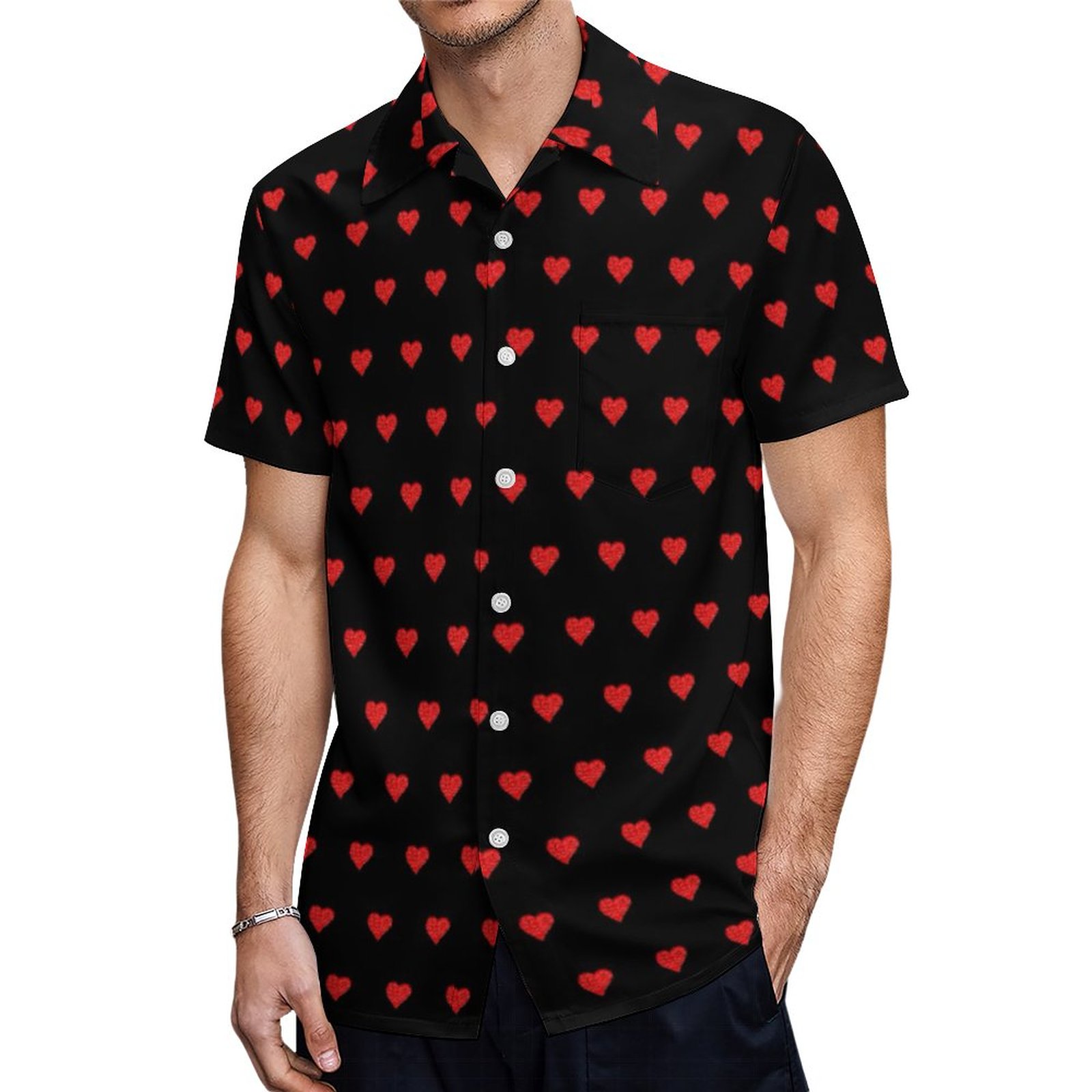 Valentines Day Red Heart Black Hawaiian Shirt Mens Button Down Plus Size Tropical Hawaii Beach Shirts