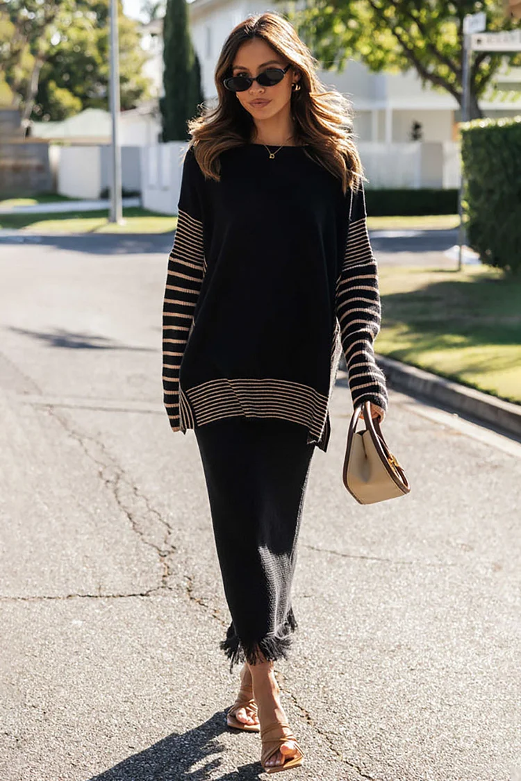 Striped Knit Long Sleeve Sweater Fringed Hemline Midi Skirt Matching Set-Black [Pre Order]