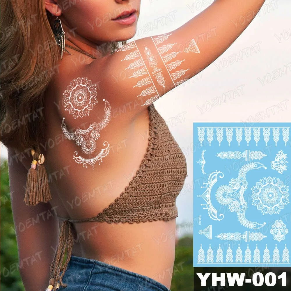 Indian Arabic Designs Temporary Waterproof Tattoo sticker Lace White Bride Tatto Paste Fake Tatoo Mandala Body Art Hand Choker