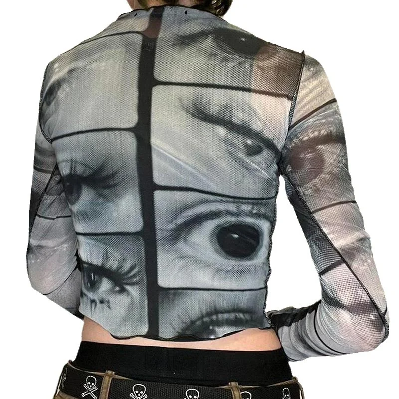 Uveng Uveng Autumn New T-Shirt Ins Personality Street Eye Print Slim Mesh