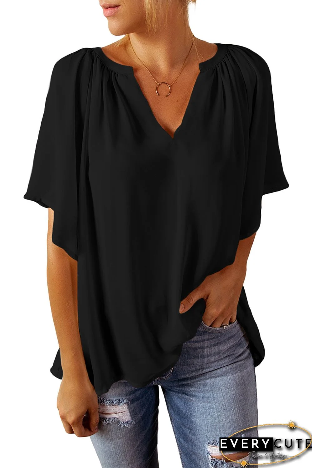 Black Split Neck Pleated Loose Top