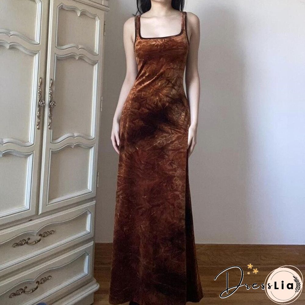 Vintage Aesthetics Womens Long Dresses Grunge Fairy Core Velvet sleeveless slip dress