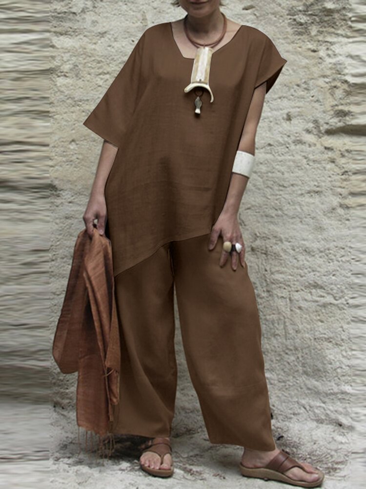 Solid Asymmetrical Short Sleeve Crew Neck Two Pieces Suit - Shop Trendy Women's Clothing | LoverChic