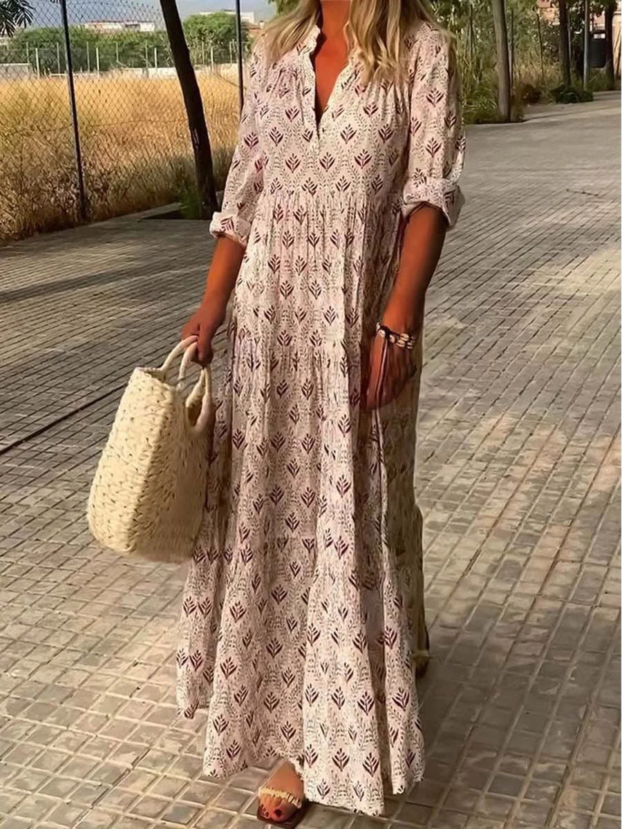 Women's Half Sleeve V-neck Graphic Printed Maxi Dress