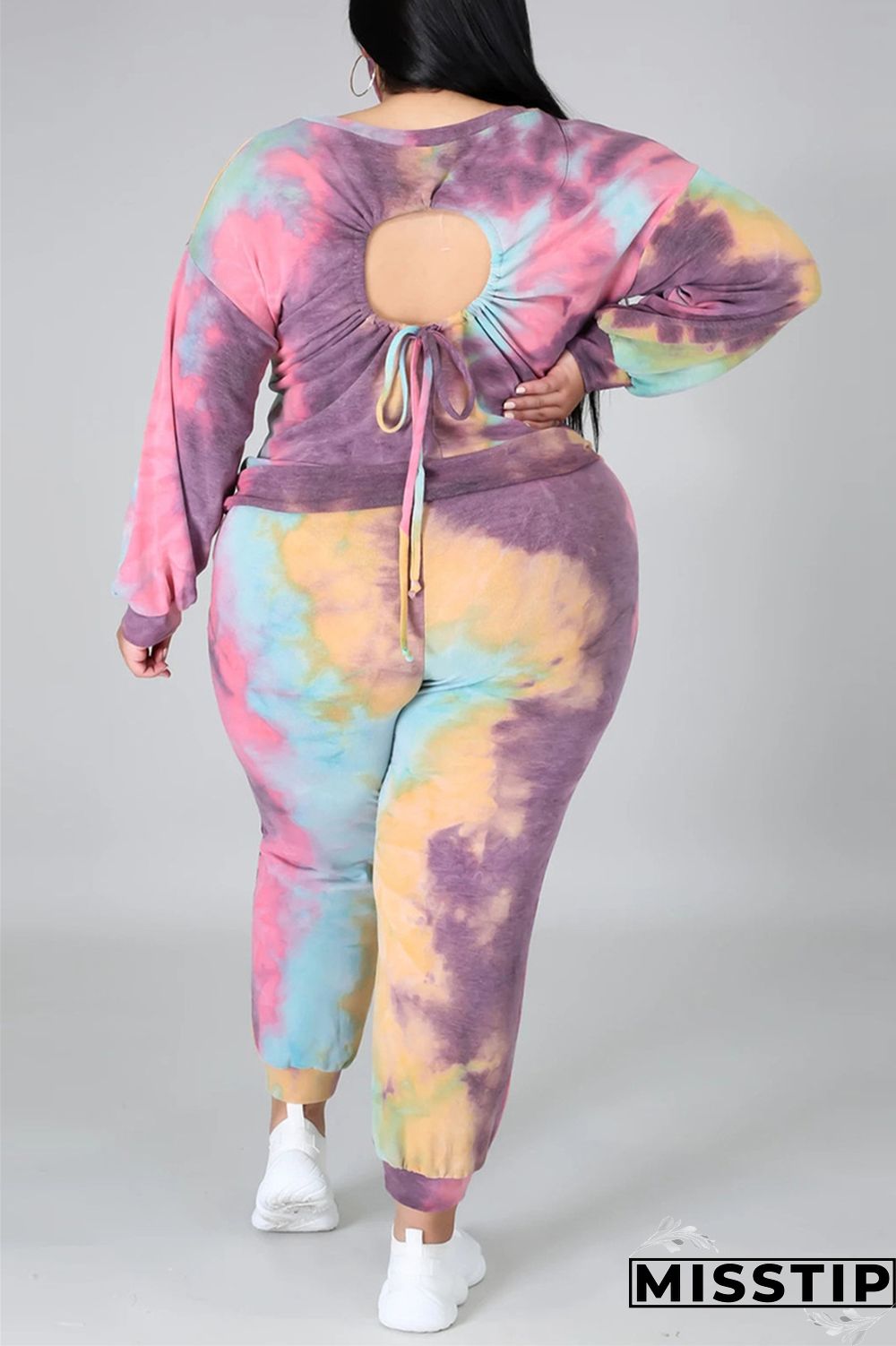 multicolor Fashion Casual Print Tie Dye Tie-dye Backless O Neck Plus Size Set