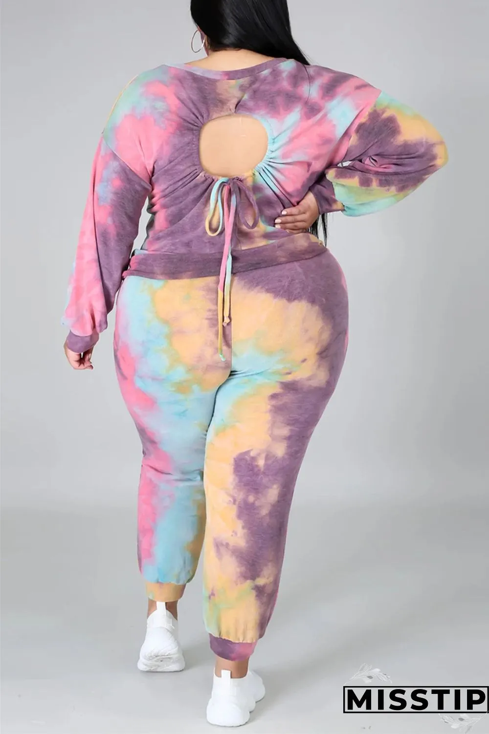 multicolor Fashion Casual Print Tie Dye Tie-dye Backless O Neck Plus Size Set