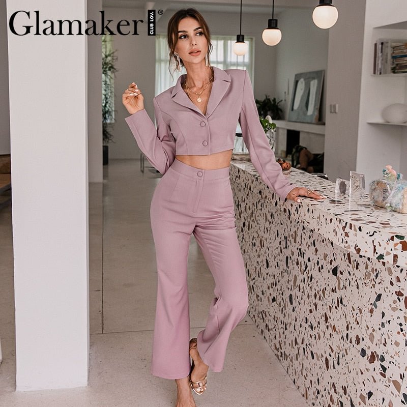 Glamaker Pink purple 2 piece suit sets Women sexy short blazer and  flared pants Office lady set autumn female sets sexy outfits