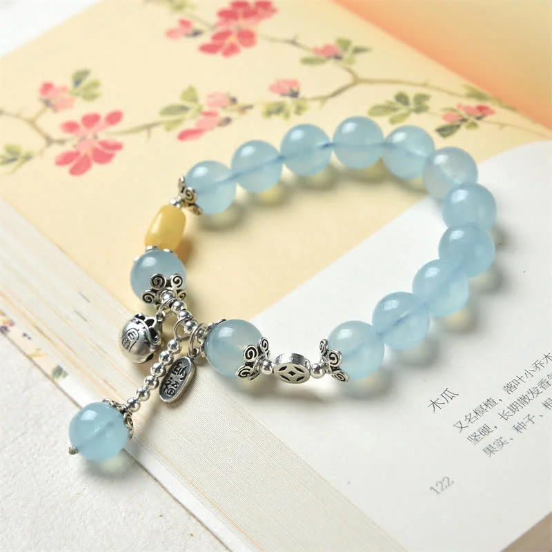 925 Sterling Silver Natural Aquamarine Amber Healing Blessing Charm Bracelet