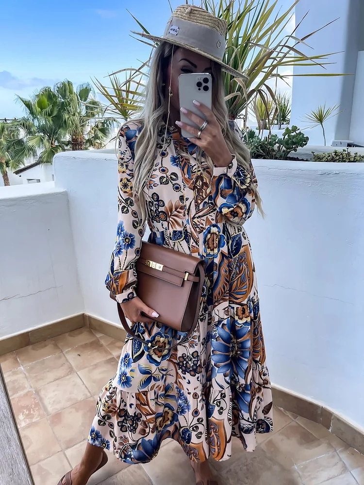 Long Sleeve Floral Print Loose Party Blouse Dresses