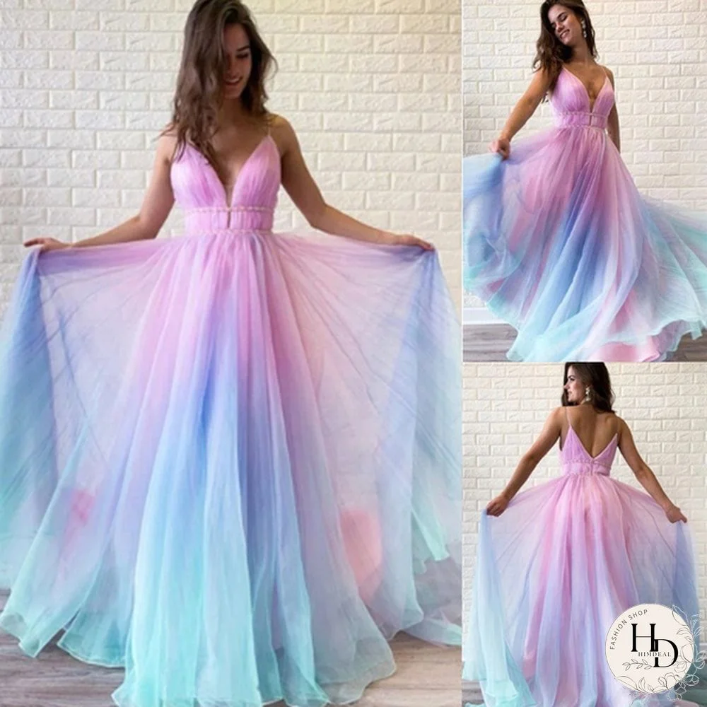 A Line Spagheeti Straps Gradient Chiffon Long Prom Dresses Floor Length Prom Dress