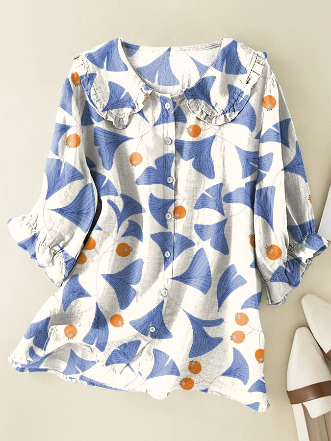 Japanese Ginkgo Cotton and Linen Loose Peter Pan Ruffle Collar Shirt