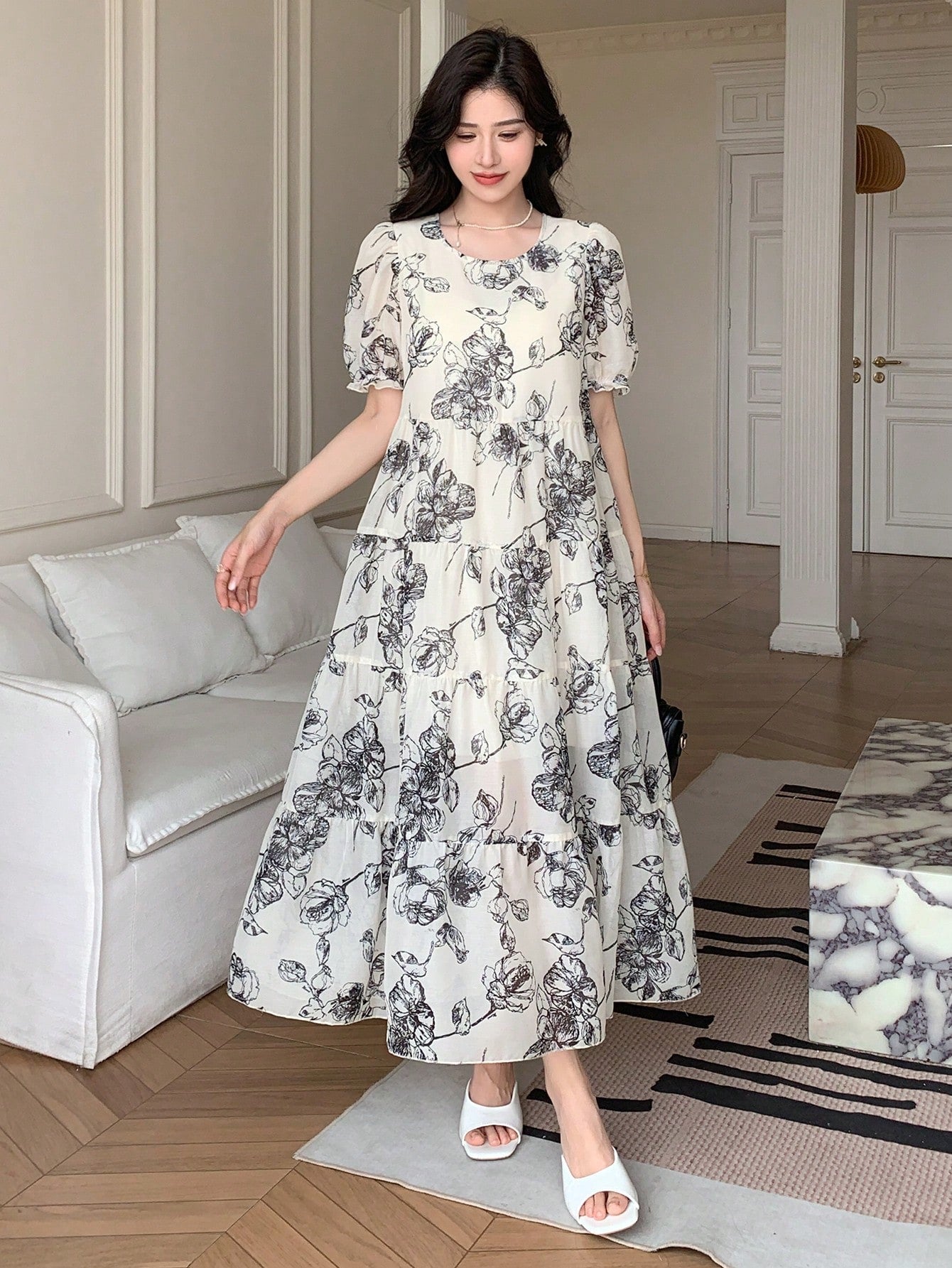OLCooL Women's Summer Casual Floral Printed Puff Sleeve Loose Dress olcool