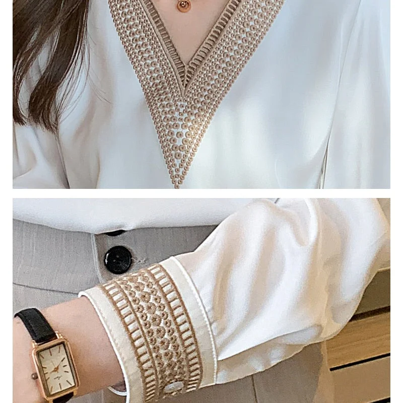 Huiketi Embroidery V-Neck Chiffon Blouse Shirt Women Long Sleeve Loose White Women Blouses Tops Blusas Mujer De Moda 2023 13366