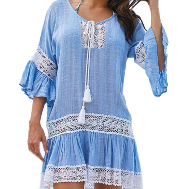 2019 Sexy Cotton Summer Pareo Beach Cover Up Sexy Swimwear Women Swimsuit Cover Up Kaftan Beach Dress Tunic White Beachwear 9396