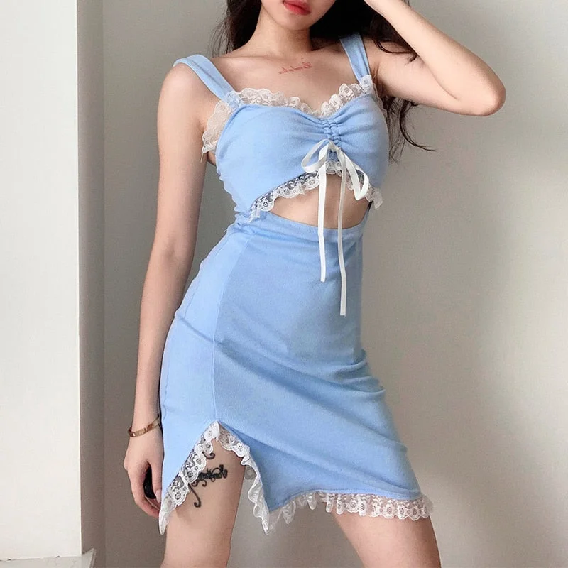 Rapcopter y2k Blue Mini Dress Spaghetti Strap Sundress Lace Hollow Out Split Dress Women Ruched Tie Up Summer Dress Vintage 90S