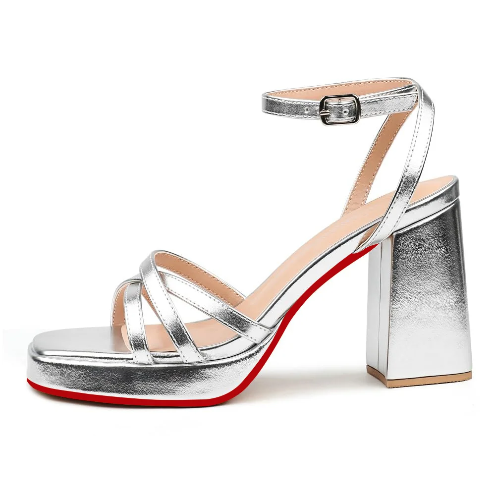 90mm Women's Platform Chunky Heels Ankle Strap Block Heeled Sandals Party Wedding Shoes Red Bottom Shoes Square Open Toe Sandals-MERUMOTE