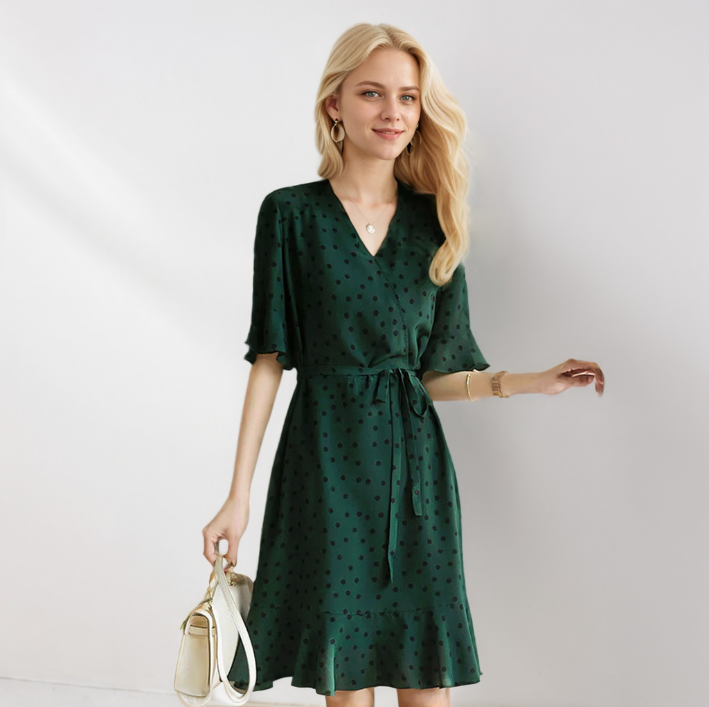 Green Silk Shirt Dress Polka Dot Print Office Style REAL SILK LIFE
