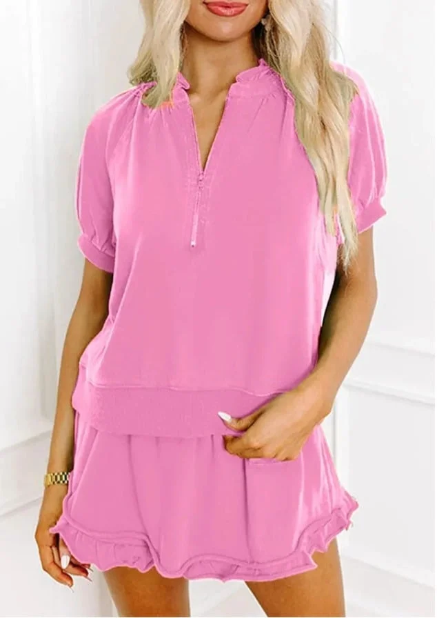 ✨Women's Casual Puff Sleeve Top and Ruffle Shorts Set(Buy 2 Free Shipping) 