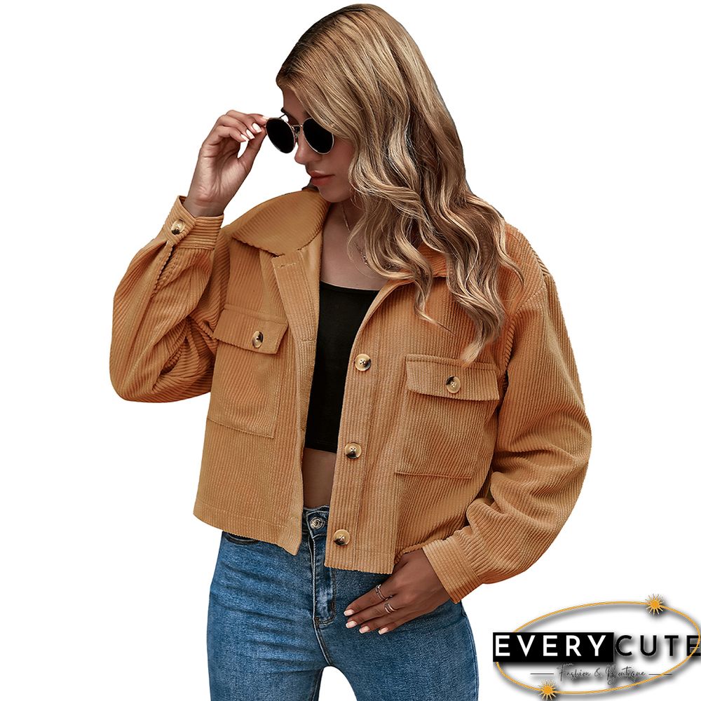 Khaki Corduroy Pocket Button Short Jacket
