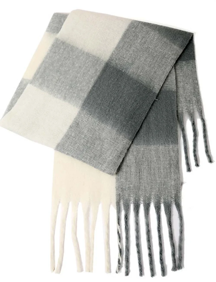 Ladies Color Block Checked Mohair Fringe Knit Scarf