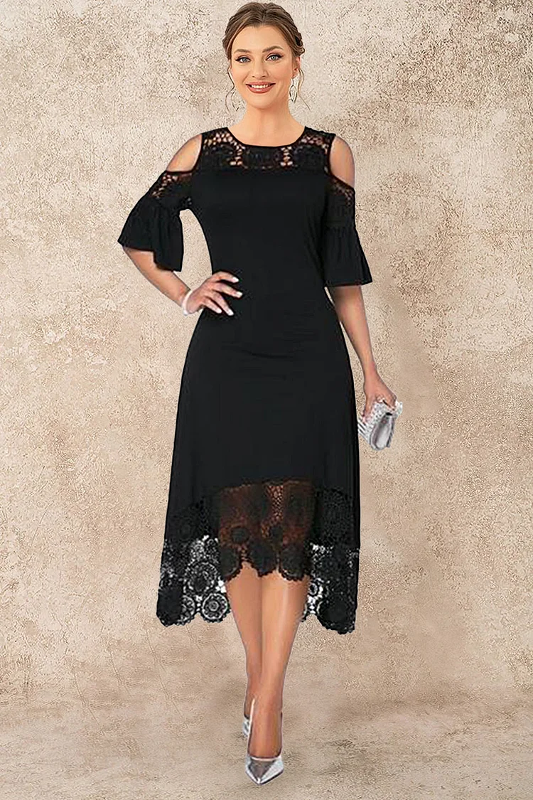Plus Size Casual Black Lace Stitching Cold Shoulder Maxi Dresses FlyCurvy Flycurvy [product_label]