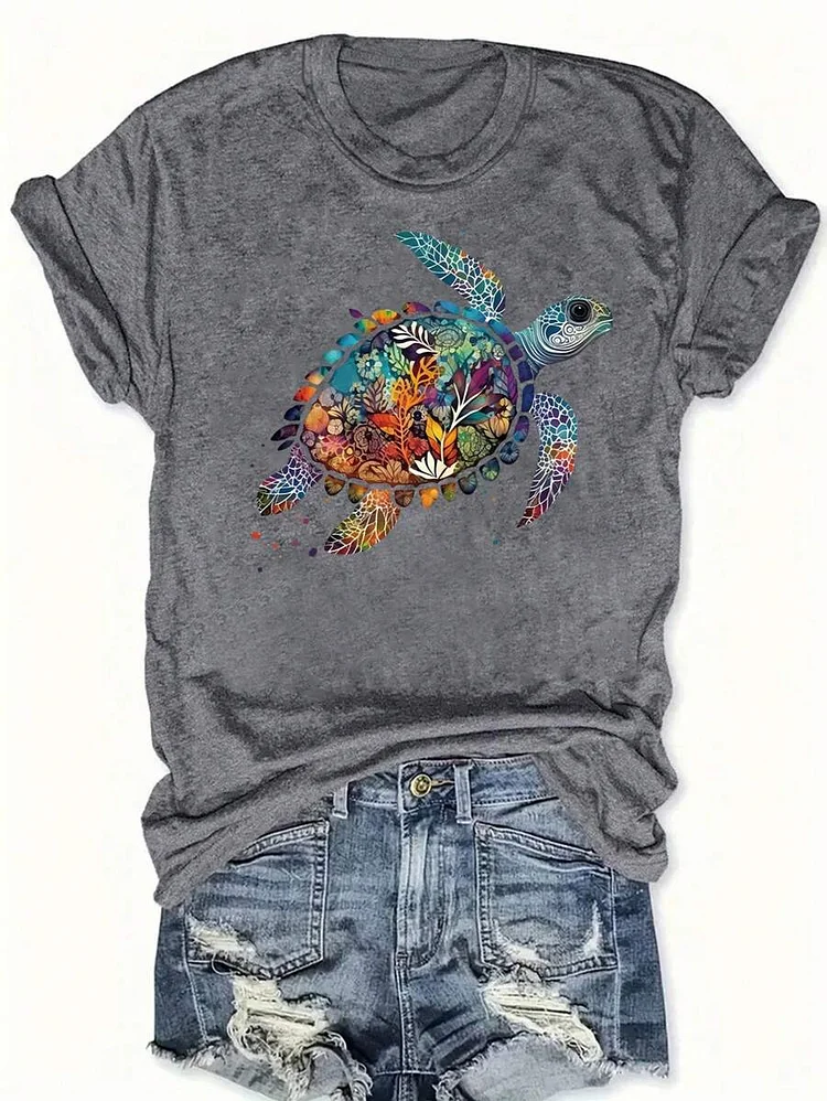 Women's Plus Size Colorful Turtle Print Round Neck Short Sleeve T-Shirt