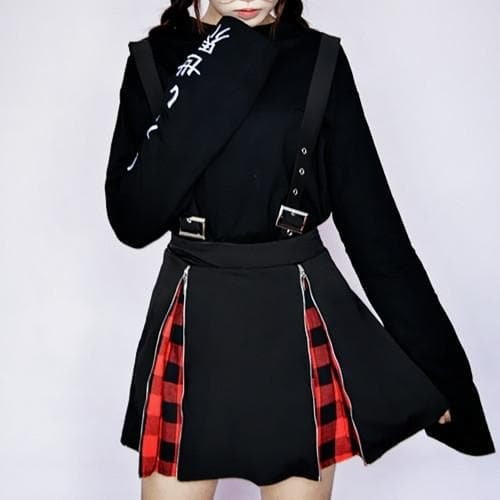 Black and Red Grid Suspender Skirt SP1811756