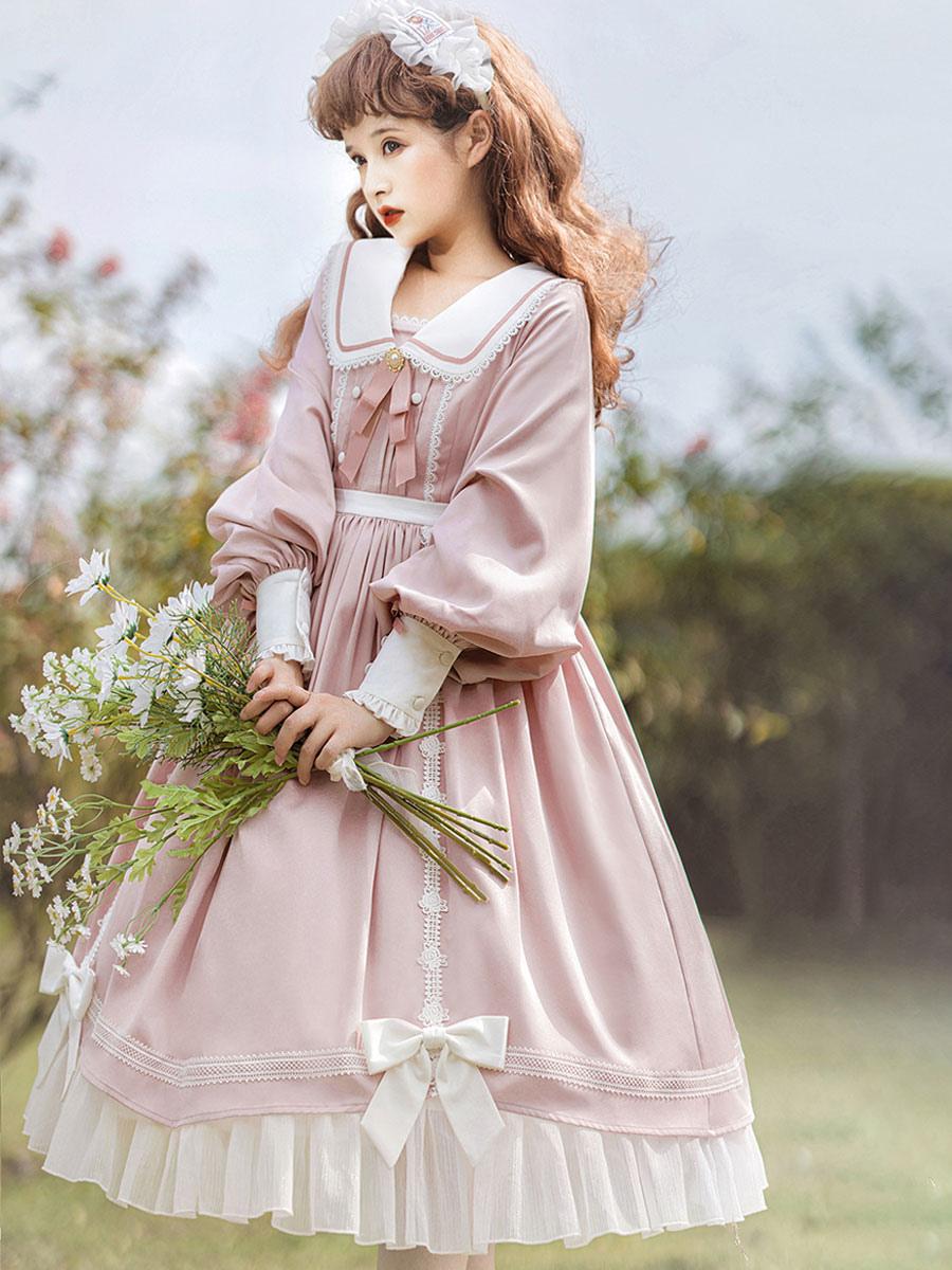 Sweetheart Bow Pink Long Sleeve Square Neck Ruffle Lace Polyester Lolita Dress