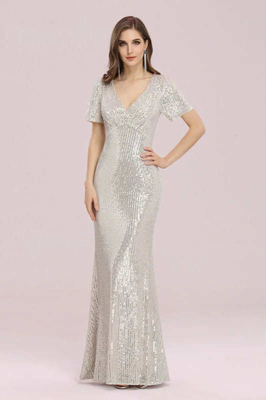 Glamorous V-Neck Short Sleeve Sequins Long Prom Dress - lulusllly