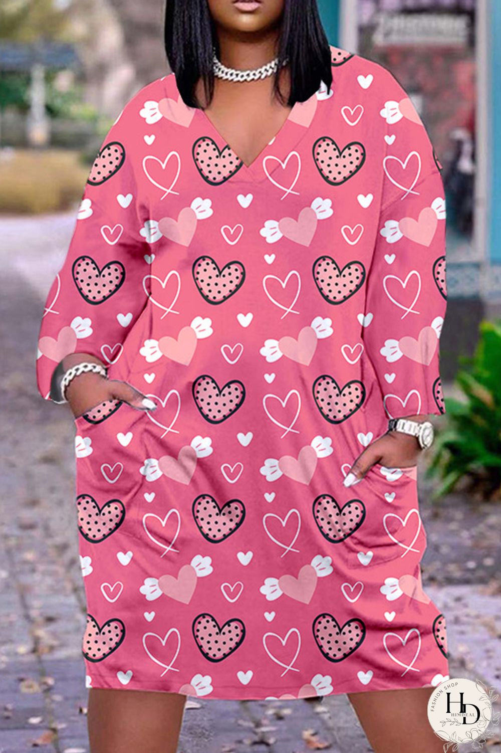 Deep Pink Casual Print Basic V Neck Long Sleeve Dresses