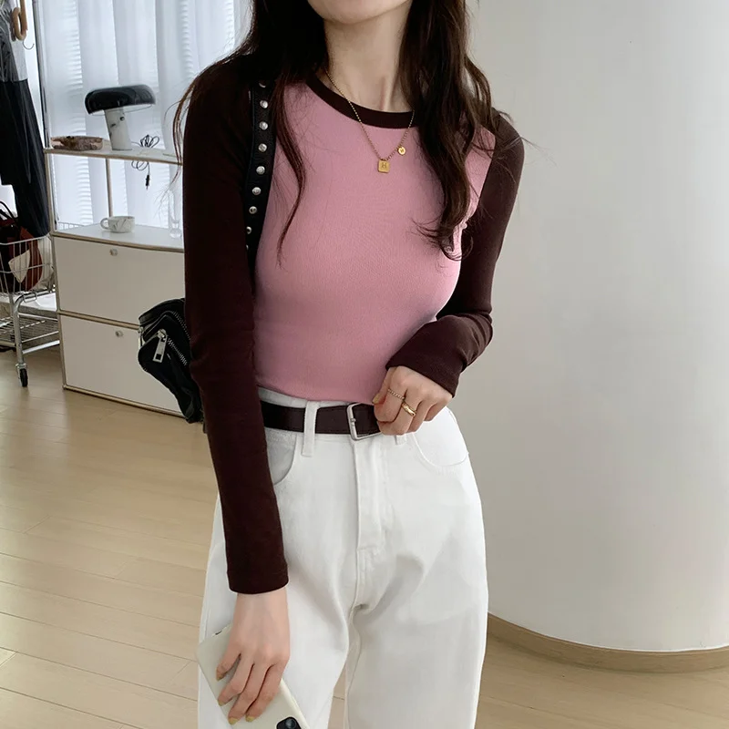 Ueong Long-Sleeved T-Shirt With A Long Sleeved T-Shirt And A Short-Style Early Spring High-Waist Design Blouse