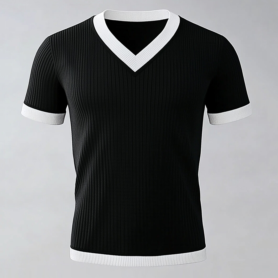 Men's Contrast Color V Neck Short Sleeve Knitted T-Shirt