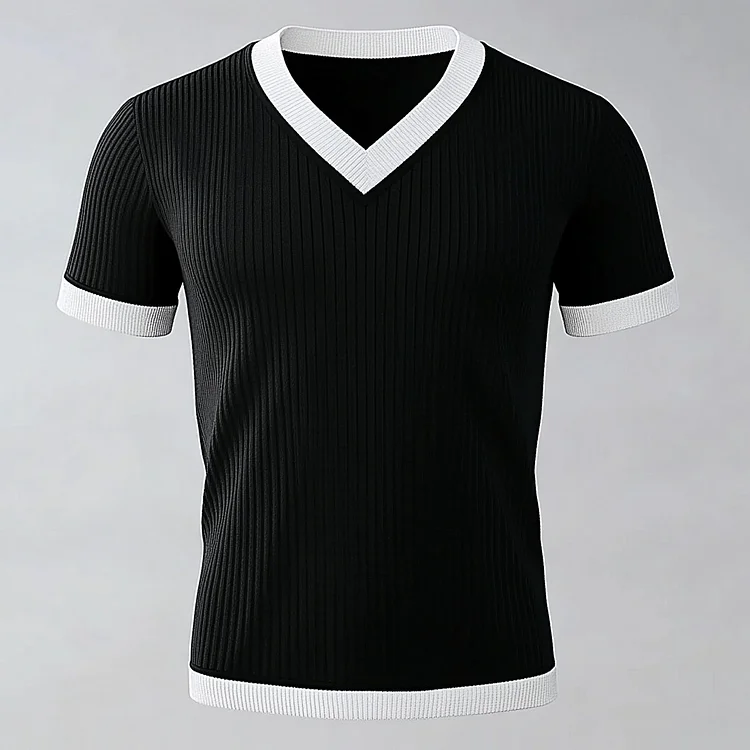 Men's Contrast Color V Neck Short Sleeve Knitted T-Shirt