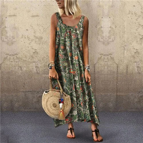 ELSVIOS Plus Size Women Floral Print Sleeveless Button Maxi Dress Elegant Bohemian Summer Long Dress Ladies O-Neck Vintage dress