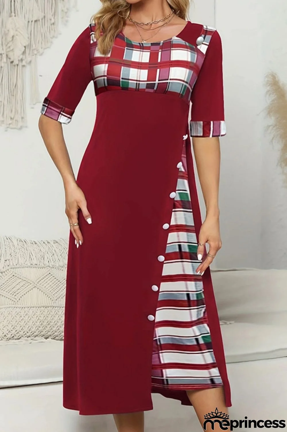 Casual Plaid Print Patchwork O Neck Short Sleeve Dress Dresses