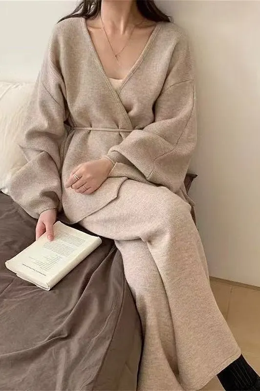 Loose Belted Knit Cardigan Wide-Leg Pants Two Piece Set